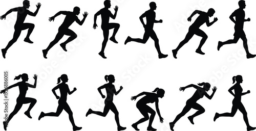 Male and Female Runner Silhouettes in Sprinting and Jogging Poses Isolated on White Background Sports Fitness Vector Illustration Collection