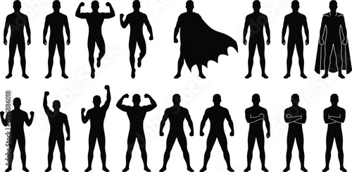 Superhero Silhouette Collection with Muscular Male Figures in Powerful Poses and Cape Isolated on White Background for Comic Design