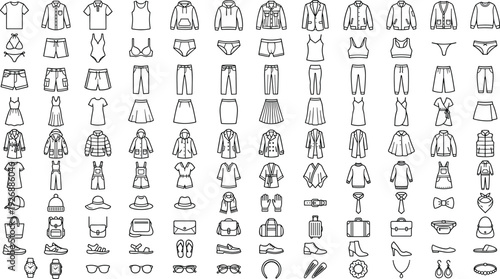Fashion clothing and accessory icons, wardrobe essentials vector set, apparel outline illustration, stylish garment symbols, modern lifestyle design graphics