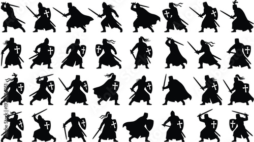 Medieval knight warrior silhouette set with sword and shield combat poses black vector illustration collection isolated on white background