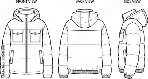 Men Hooded Puffer Jacket Technical Drawing Front Back and Side View Isolated on White Background Winter Outerwear Vector Illustration Template