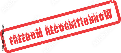Freedom Recognitionnow distressed red rubber stamp with city skyline silhouettes inside text message