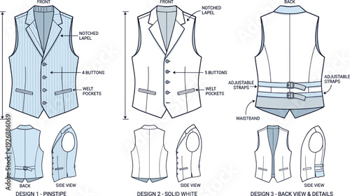 Men formal waistcoat technical drawing set with front back and side views pinstripe and solid designs detailed vector illustration