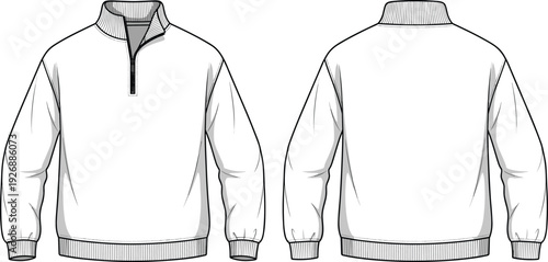 Men quarter zip sweatshirt front and back view blank apparel template detailed line art vector illustration isolated on white background