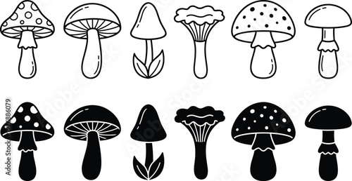 Mushroom icon set outline and solid silhouettes forest toadstool fungi collection black vector illustration isolated on white background