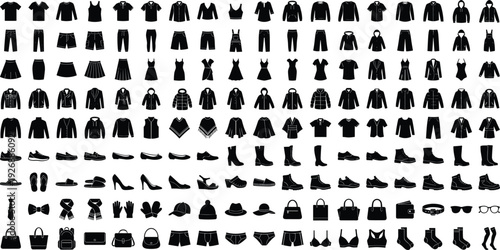 Fashion clothing silhouette icons, apparel accessory vector set, wardrobe essentials design, stylish garment outlines, modern lifestyle fashion illustration graphics