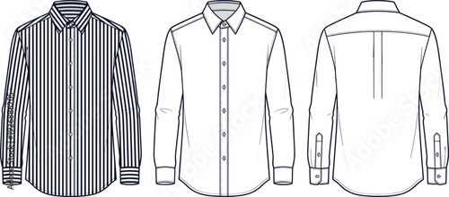 Set of Men Long Sleeve Shirt Technical Drawing Front and Back Views Isolated on White Background for Fashion Design Template Collection