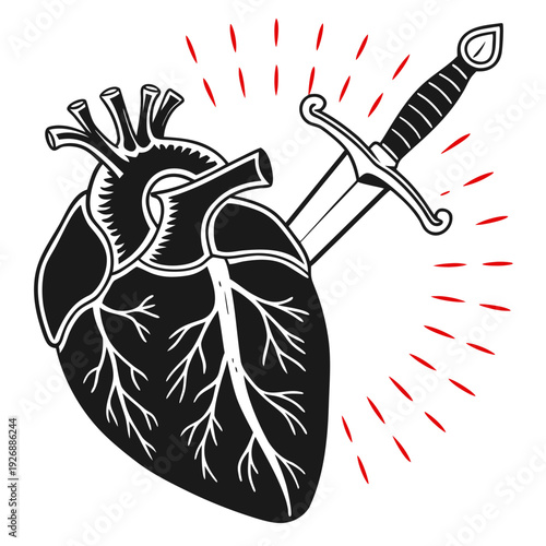A heart pierced by a dagger with red lines radiating from it Vector