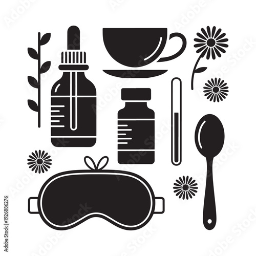 Wellness icons depicting herbal remedies sleep aids and self care items