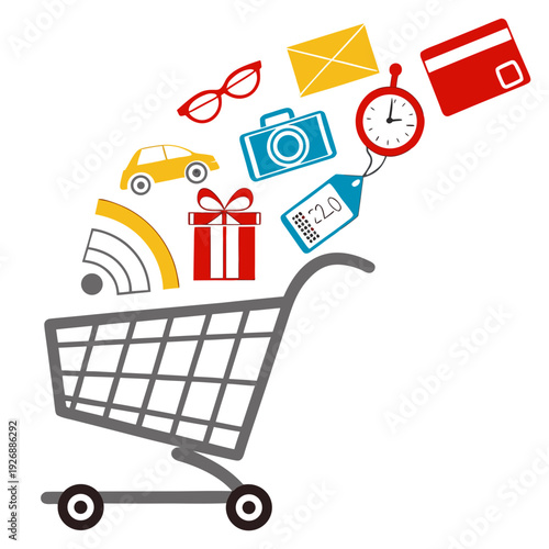 A shopping cart with various items flying out of it Vector
