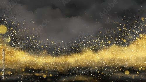 Abstract Golden Glitter on Dark Gray Background Texture for Celebration and Festive Atmosphere with Bokeh Lighting Effect