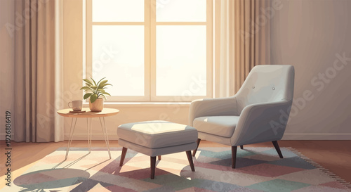 Cozy modern living room with chair and ottoman by the window.