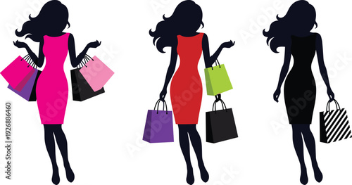 Fashion shopping women silhouettes with colorful bags, stylish female figures in elegant dresses isolated on white background illustration
