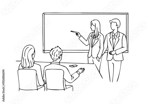 One continuous line drawing of young businessmen and businesswoman listening trainer explain business lesson. Business presentation concept. Trendy single line draw graphic design vector icons