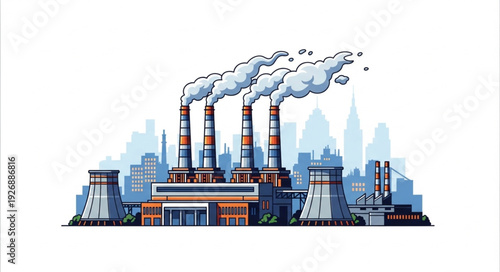 Industrial complex emitting pollution into the atmosphere, environmental concern.