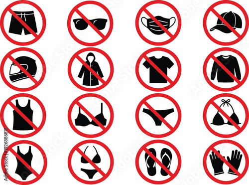 No clothing allowed prohibition icons set, red circle warning signs for dress code restriction isolated vector illustration collection