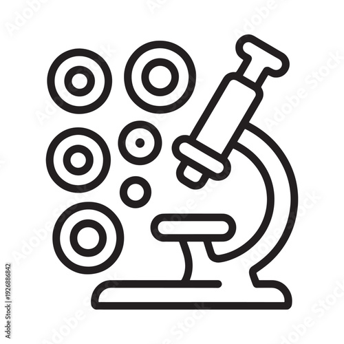 Line art illustration of a microscope examining circular cells or samples