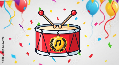 Vibrant red drum with music note surrounded by colorful balloons and confetti on white background for party celebration
