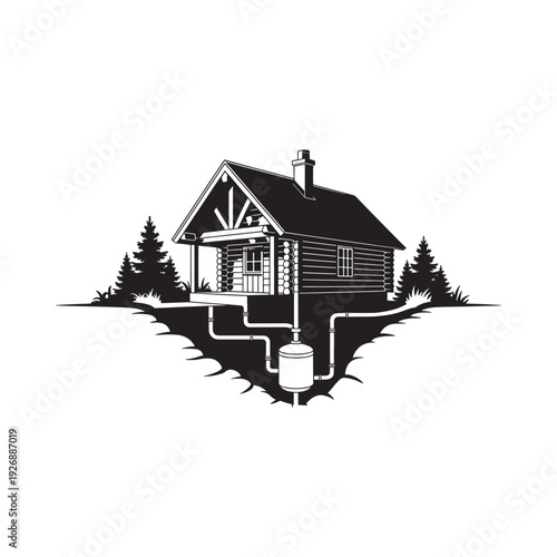Black and white illustration of a house with a water well system
