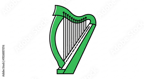 Green harp symbol with strings and celtic knot design on a white background representing music and ireland