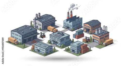 Industrial buildings and factories in a pixelated style, representing manufacturing and production.