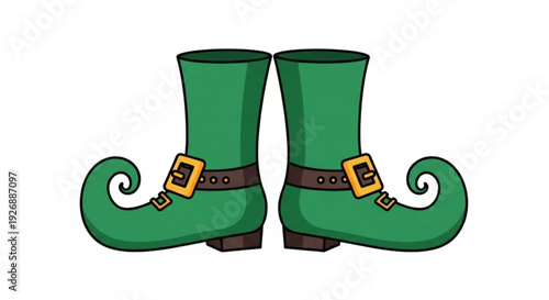 Green elf boots with gold buckles and brown straps on white background festive holiday illustration