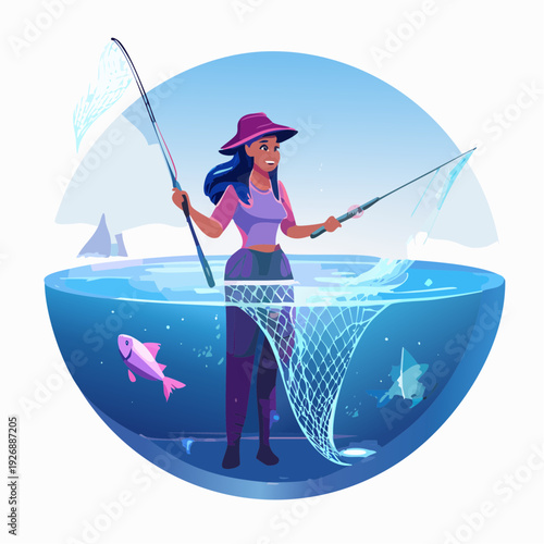 A vibrant cartoon illustration of a fisherwoman catching fish with nets in a stylized aquatic bowl