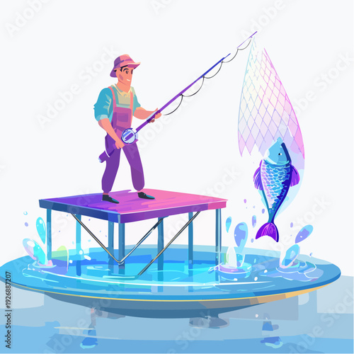 A joyful cartoon fisherman proudly displays his successful catch in a net while standing on a pier