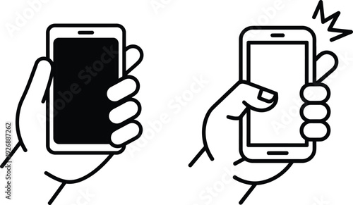 Smartphone in Hand Icon Set – Mobile Device Hold Outline Vector Illustration