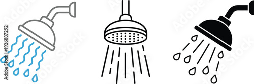 Showerhead water flow icons, bathroom plumbing vector set, hygiene accessory illustration, modern household design, clean lifestyle graphics, sanitary equipment symbols