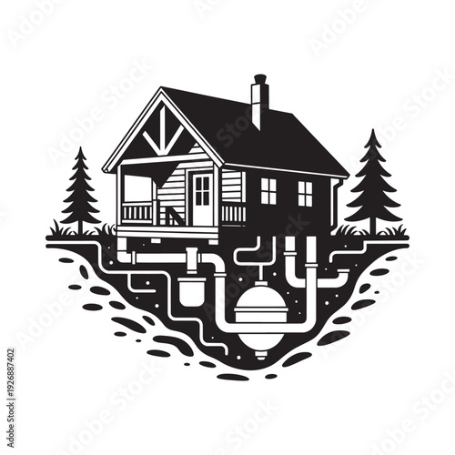Detailed illustration of a cabin revealing its underground plumbing system