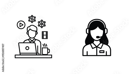 Customer service and remote work line art icon set with support agent laptop and office elements vector