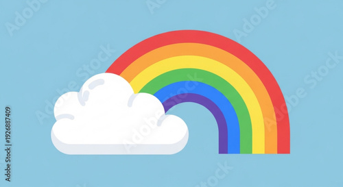 Colorful rainbow emerging from fluffy white cloud on light blue background symbolizing hope and positivity