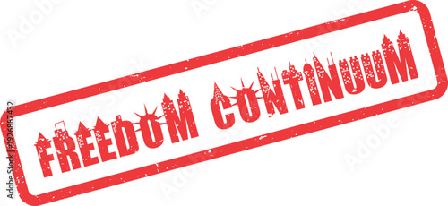 Red grunge stamp FREEDOM CONTINUUM text featuring iconic New York City skyline architectural elements
