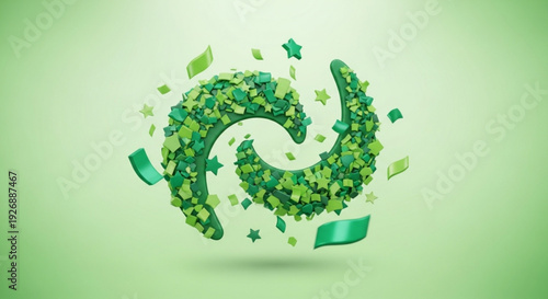 Green swirl design with confetti and ribbons on light green background festive and celebratory atmosphere with dynamic shapes and vibrant colors