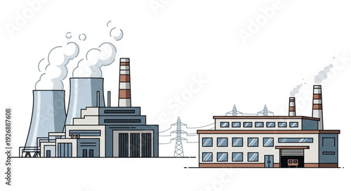 Industrial power plant complex with smokestacks emitting pollution into the atmosphere.