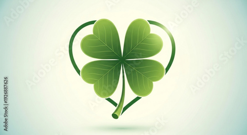 Lucky four leaf clover in heart shape with green leaves on white background for st patrick's day symbolizing good fortune and love
