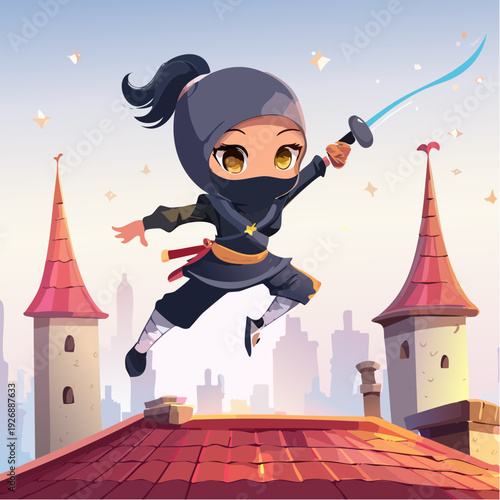 Dynamic illustration of an adorable chibi ninja warrior leaping across rooftops with a gleaming sword