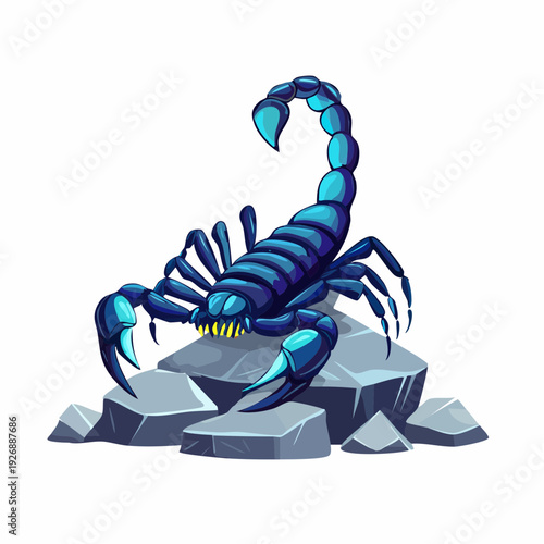 Dynamic graphic of a mythical blue scorpion perched on ancient stones, showcasing its strength