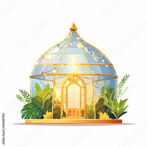 Elegant golden greenhouse filled with tropical plants and fairy lights, a magical garden sanctuary