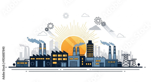 Industrial cityscape with factories and smokestacks emitting pollution into the atmosphere, environmental concerns.