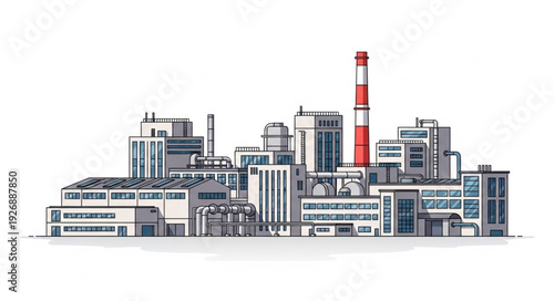 Industrial complex illustration depicting factories, chimneys, and various buildings, representing manufacturing and production.