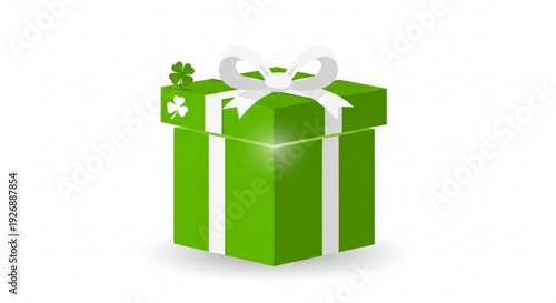 Green gift box with white ribbon and shamrock on st patrick's day