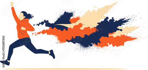 Energetic runner in full stride leaving a dynamic trail of colorful powder, symbolizing progress, achievement, and explosive energy towards success