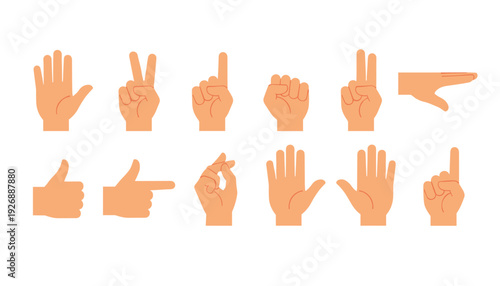 Human hand gestures vector set with flat design icons of pointing thumbs up and peace sign for communication