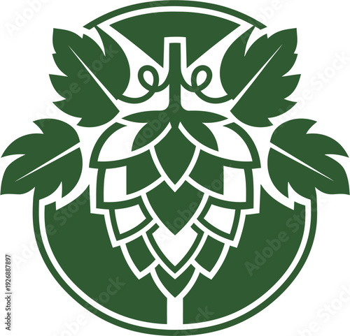 Stylized green hop cone with vibrant leaves, a classic botanical emblem perfect for craft beer branding, representing natural ingredients and rich aromatic flavor in beverages