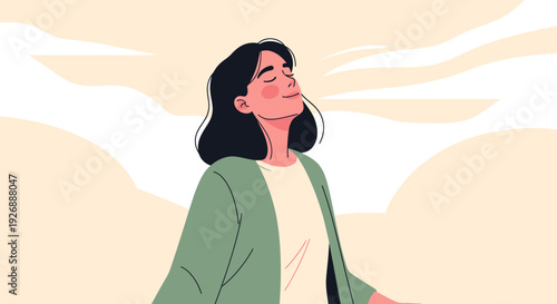 Illustration of a woman with eyes closed, breathing deeply and feeling peaceful. Serene and tranquil scene suggesting mindfulness and relaxation in a calm atmosphere