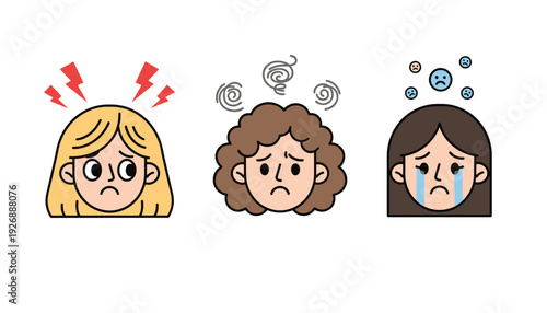Mental health and emotional stress vector set with angry confused and sad woman characters for psychology infographics