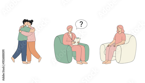 Mental health therapy vector illustration set with couple hugging and patient talking to psychologist in armchair