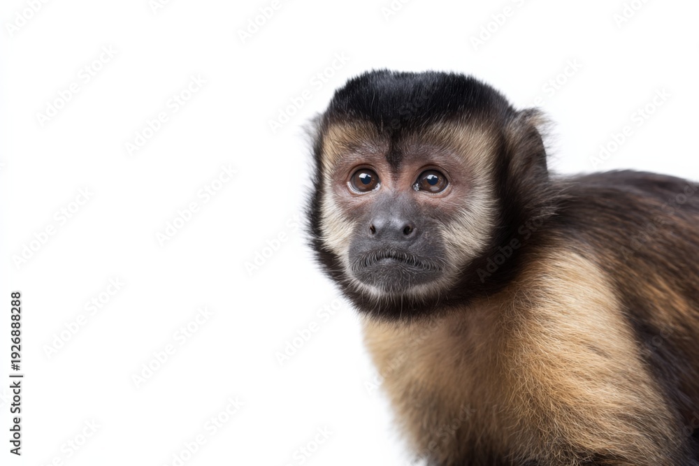 Obraz premium Capuchin monkey gazing attentively on white studio background